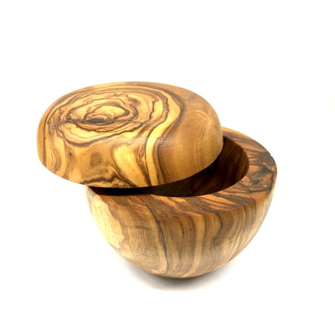 Salt shaker with lid and scoop – made of olive wood