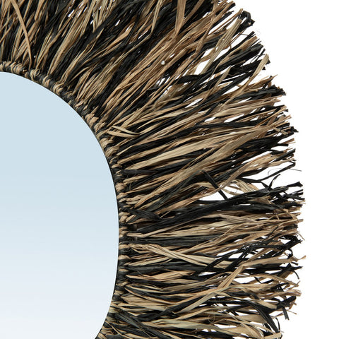 Round Wall Mirror with Raffia Fringes: The Rafia Fringe M (55 cm) - Black and Natural