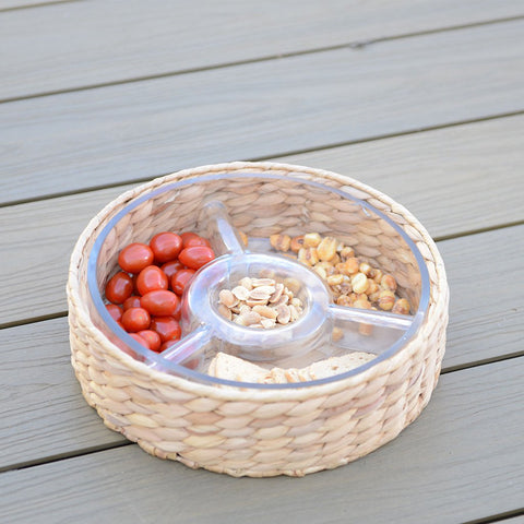 Set Aperitivo a 3 Scomparti in Vetro e Rattan Intrecciato (28x28 cm)