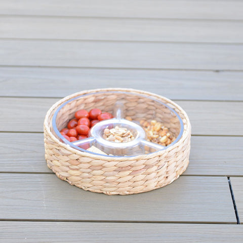 Set Aperitivo a 3 Scomparti in Vetro e Rattan Intrecciato (28x28 cm)