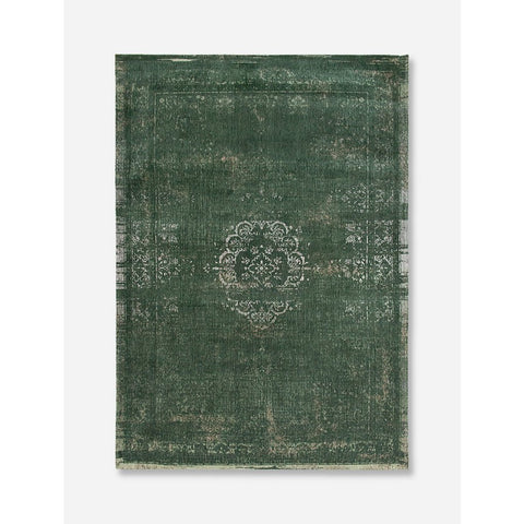 Tappeto flatweave in ciniglia e lana verde bosco con medaglione centrale e finitura vintage sfumata Medallion Majestic Forest di Louis De Poortere 