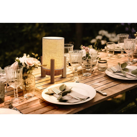 Lampada da Tavolo a LED in Legno e Tessuto "Matilda" (H: 32 cm) – Ricaricabile con Touch Dimmer