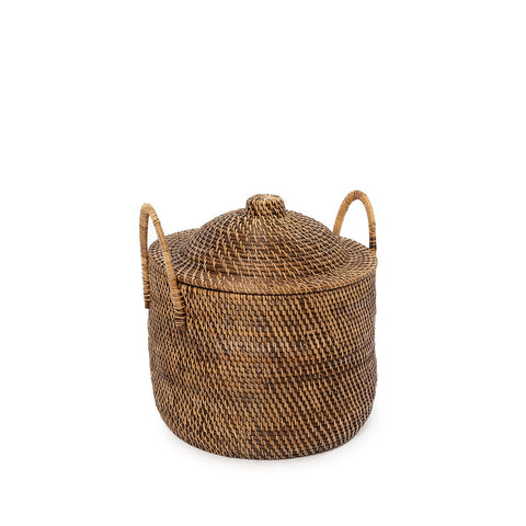 Cestino portaoggetti in rattan marrone scuro stile coloniale con coperchio e maniglie laterali