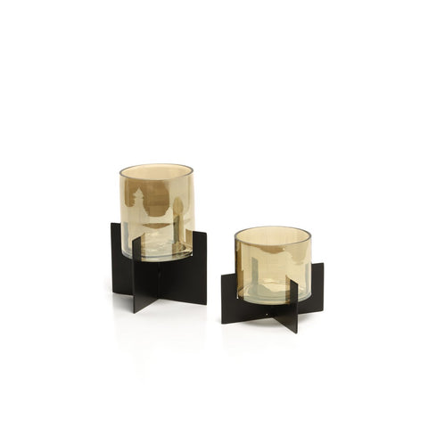 The Hurricane Low Glass Candle Holder with Brass Base – Black - Low