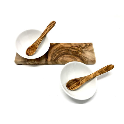 Set Aperitivo e Salse in Porcellana e Legno d'Ulivo (Con 2 Cucchiai)