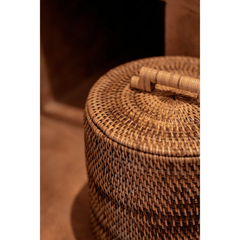 Cesto Contenitore Alto in Rattan con Coperchio – Marrone Naturale (H 37 cm)