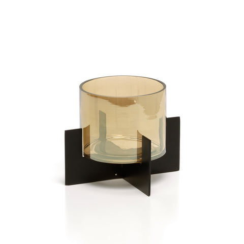 Low-profile clear glass candle holder with a sturdy brass base, "The Hurricane," 13x10 cm