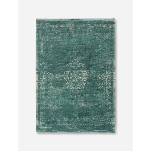 Tappeto flatweave in ciniglia e lana verde giada con medaglione centrale e finitura vintage sbiadita Medallion di Louis De Poortere