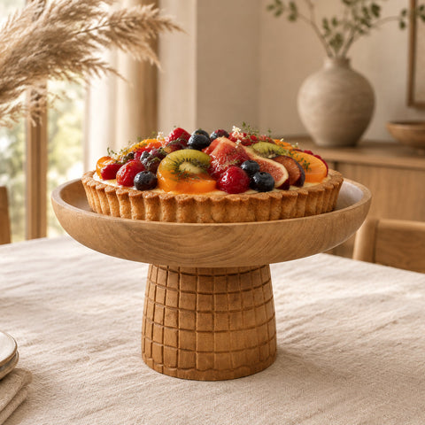Piedistallo per torte in legno di teak Kotak-Kotak con crostata alla frutta posizionato al centro di una tavola apparecchiata in lino chiaro in un soggiorno Japandi.