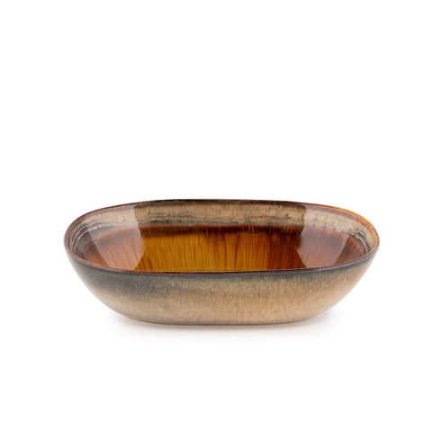 Ciotola ovale in gres ceramico fatto a mano Comporta taglia L con interno sfumato ambra-oro e bordo scuro 