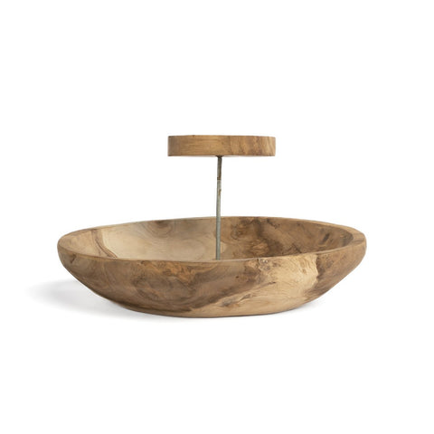 Portacandele rotondo a piatto in legno naturale fatto a mano in stile Japandi.