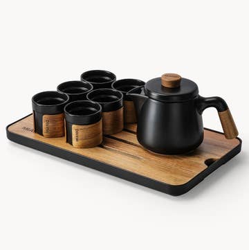 Traditional Japanese Tea Set 6 Pieces 620ml Black with Wooden Tray