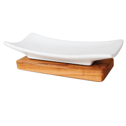Portasapone in Porcellana Bianca su Base in Legno d'Ulivo (14x7xH 4 cm)