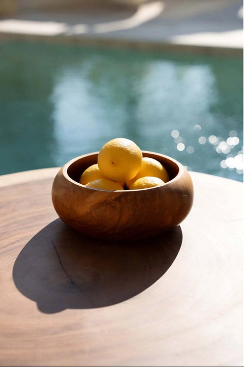 Portafrutta scultoreo intagliato a mano in radice di teak naturale di diametro 20 cm 