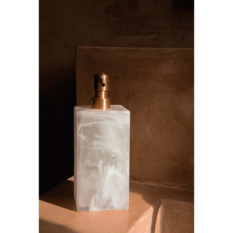 Dispenser di Sapone in Resina Marmorizzata – Rosa e Bianco (8x8x21 cm)