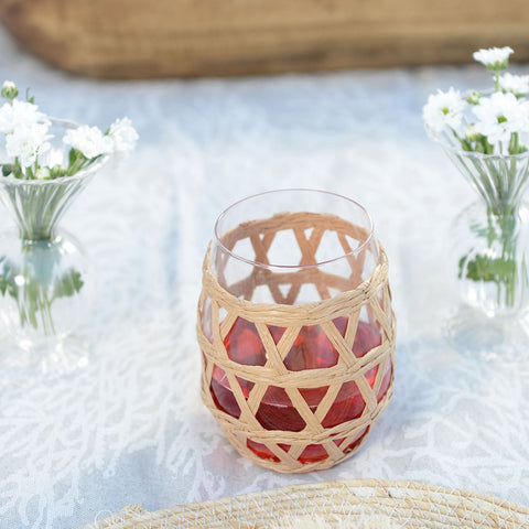 Set di 6 Bicchieri da Acqua in Vetro e Rattan Intrecciato