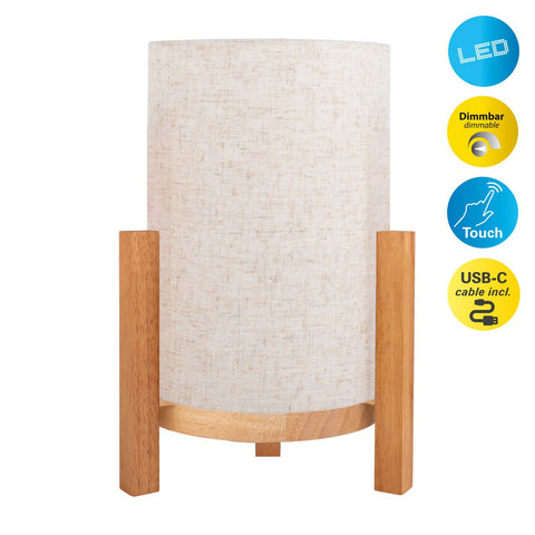 Lampada da Tavolo a LED in Legno e Tessuto "Matilda" (H: 32 cm) – Ricaricabile con Touch Dimmer