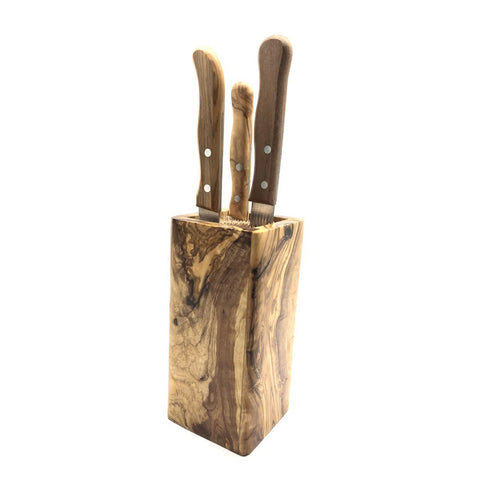 Ceppo per Coltelli DESIGN in Legno d'Ulivo con Inserti Salva-Lama (8x8xH 16 cm)