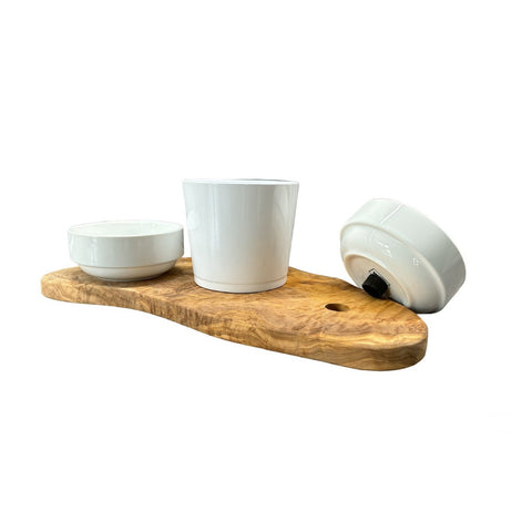 Stazione di Alimentazione RUSTY per Gatti con 2 Ciotole e Vaso per Erba Gatta in Legno d’Ulivo
