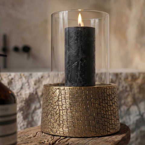 Large brass candleholder with crocodile-effect engraving and a central glass stem: The Croco L 