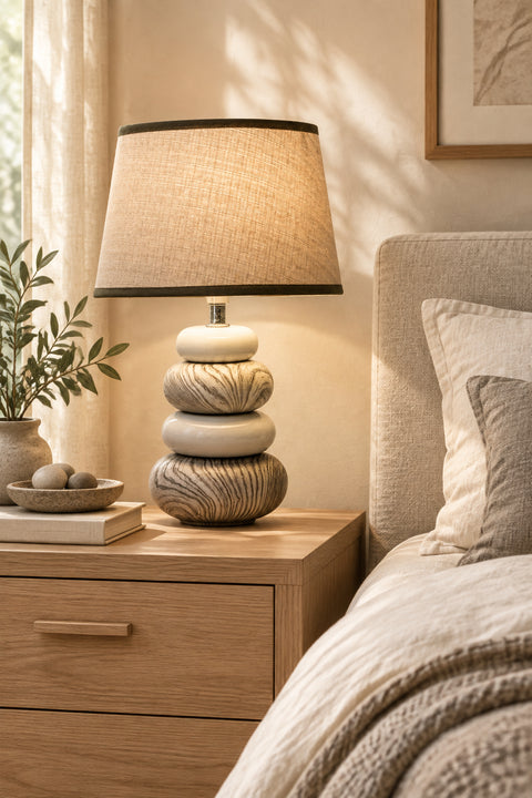 Lampada da tavolo in ceramica grigia Stoney posizionata su un comodino in legno chiaro accanto a un letto in lino in un'accogliente camera da letto in stile Japandi e Natural Chic.
