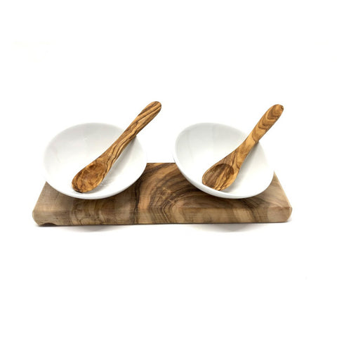 Set Aperitivo e Salse in Porcellana e Legno d'Ulivo (Con 2 Cucchiai)