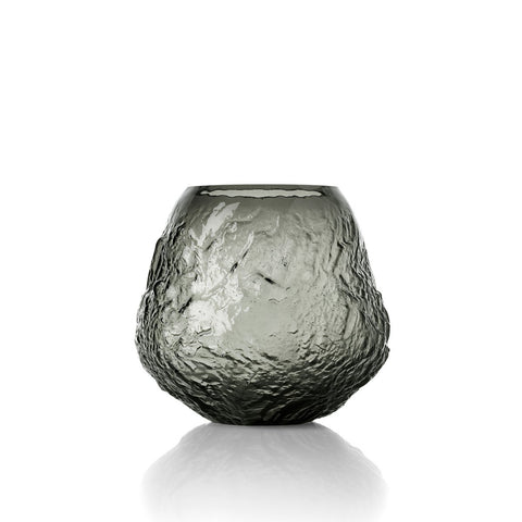 Large sculptural vase in smoked black glass with a cratered texture: The Earth Crater, 26.5 x 24 cm
