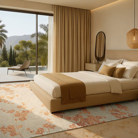 Tappeto floreale beige con sfumature tenui Petal Dew Sakura di Louis De Poortere in camera da letto