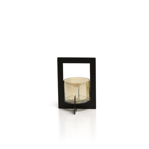 Portacandela e Lanterna in Vetro Riciclato con Cornice The Hurricane – Nero (Medio, H 18 cm)