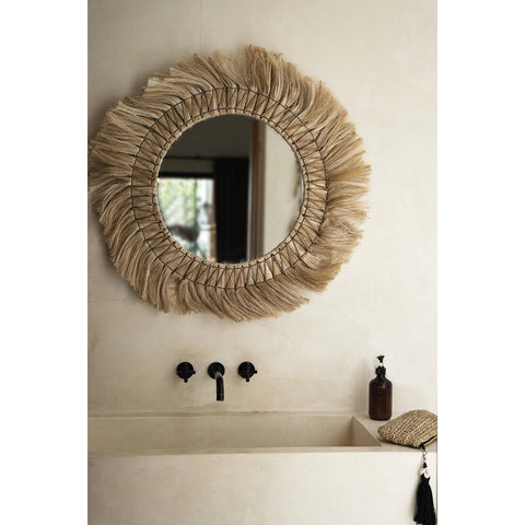 Specchio Rotondo da Parete in Rattan ed Erba Piumata The Pretty Blonde L (90 cm) - Naturale