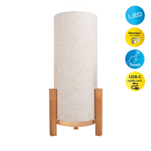Lampada da Tavolo a LED in Legno e Tessuto "Madita" (H: 48 cm, L: 48 cm) – Ricaricabile con Touch Dimmer