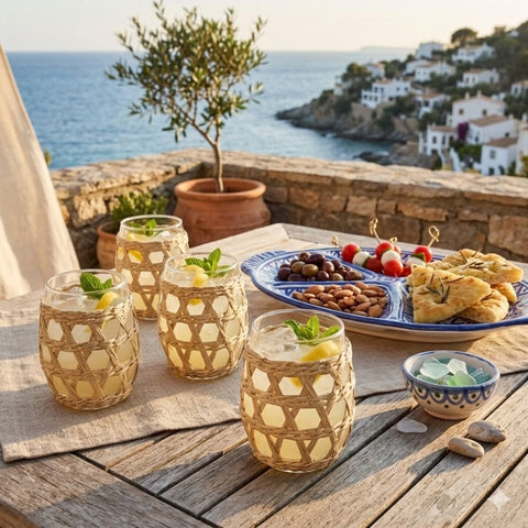 Set di 6 Bicchieri da Acqua in Vetro e Rattan Intrecciato