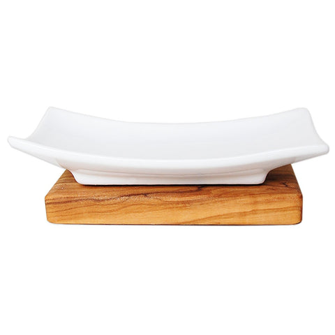 Portasapone in Porcellana Bianca su Base in Legno d'Ulivo (14x7xH 4 cm)