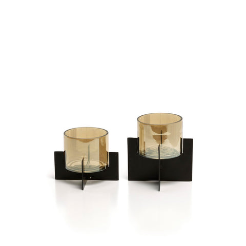 Glass Candle Holder with Brass Base “The Hurricane” – Black – Tall