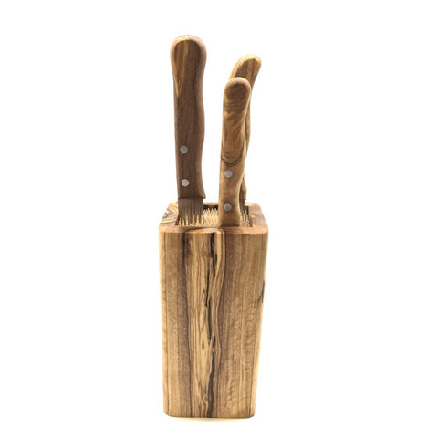 Ceppo per Coltelli DESIGN in Legno d'Ulivo con Inserti Salva-Lama (8x8xH 16 cm)