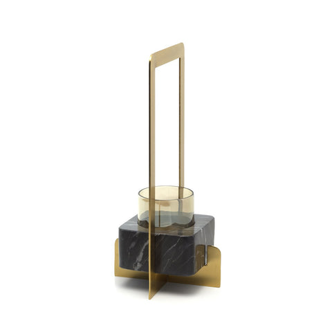 Large, sculptural rectangular brass candleholder with a gold and black finish and amber glass—The Marbre d'Or, 18x38 cm