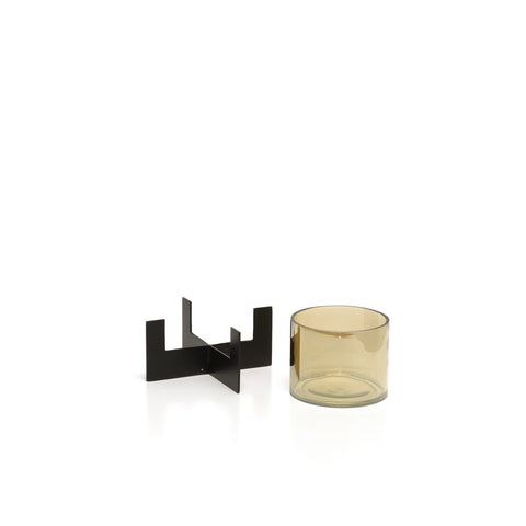 The Hurricane Low Glass Candle Holder with Brass Base – Black - Low