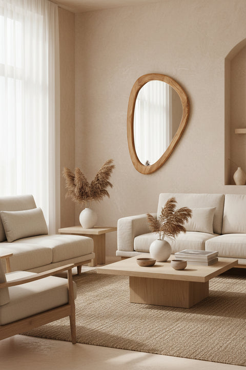 Specchio da parete grande con cornice organica asimmetrica in legno di teak naturale The Organic Mirror L in stile Japandi.