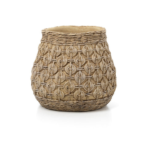 Fioriera scultorea da pavimento in cemento marrone terra Knot XL con texture a rilievo in stile Japandi.