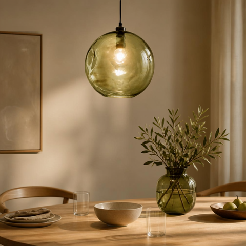 Lampada a sospensione rotonda in vetro riciclato verde pallido Bubbella 29 cm accesa sopra un tavolo da pranzo in legno chiaro con luce delicata e rilassante