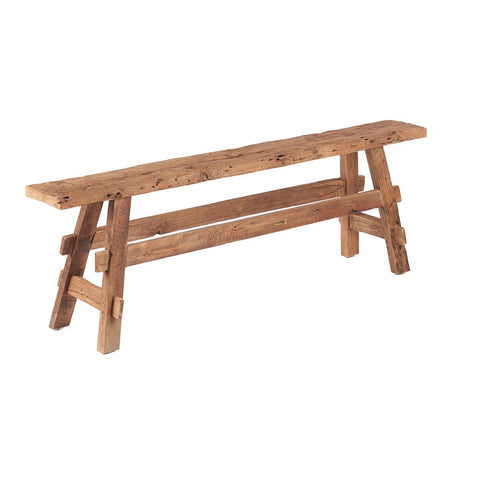 Panca rustica in legno massiccio di teak naturale stile Japandi per corridoio o ingresso.