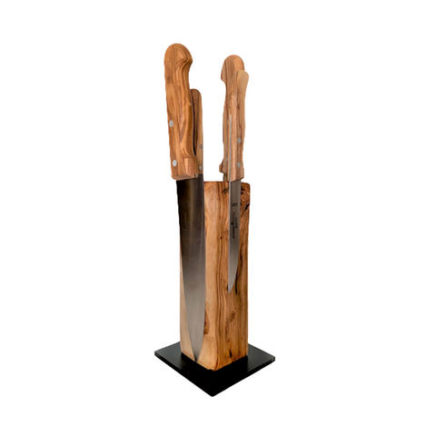 Ceppo portacoltelli magnetico TOWER in legno d'ulivo con base naturale