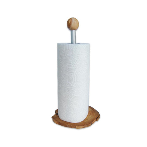 Olive wood toilet paper holder on a minimalist kitchen countertop