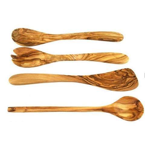 Set da cucina da 4 pezzi in legno d'ulivo massiccio con posate da insalata e utensili in stile Japandi.