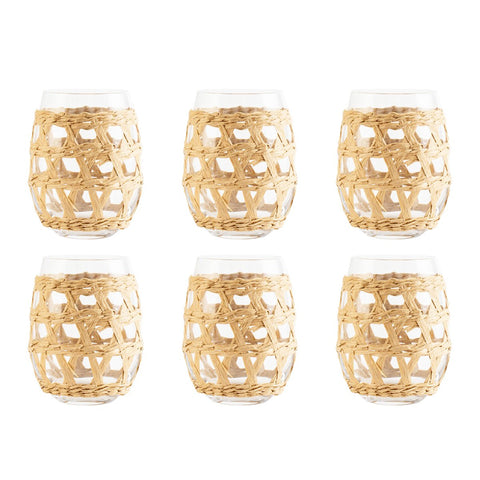 Set di 6 bicchieri da acqua in vetro trasparente con custodia intrecciata in rattan naturale marrone in stile Japandi.