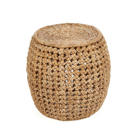 Sgabello e pouf cilindrico in fibra naturale intrecciata a mano Zarkah in stile Japandi.