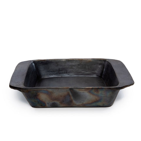 Teglia da forno e piatto da portata rettangolare in terracotta nera opaca Burned Oven Tray in stile Japandi.