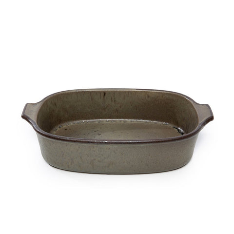 Teglia da forno rettangolare in gres verde grigiastro con smalto crackle Comporta M in stile Japandi.