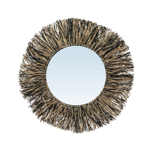 Round Wall Mirror with Raffia Fringes: The Rafia Fringe M (55 cm) - Black and Natural