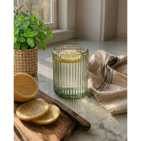 Bicchiere tumbler a coste verticali in vetro soffiato color carbone fumé 8x10 cm posizionato su una tavola da pranzo 